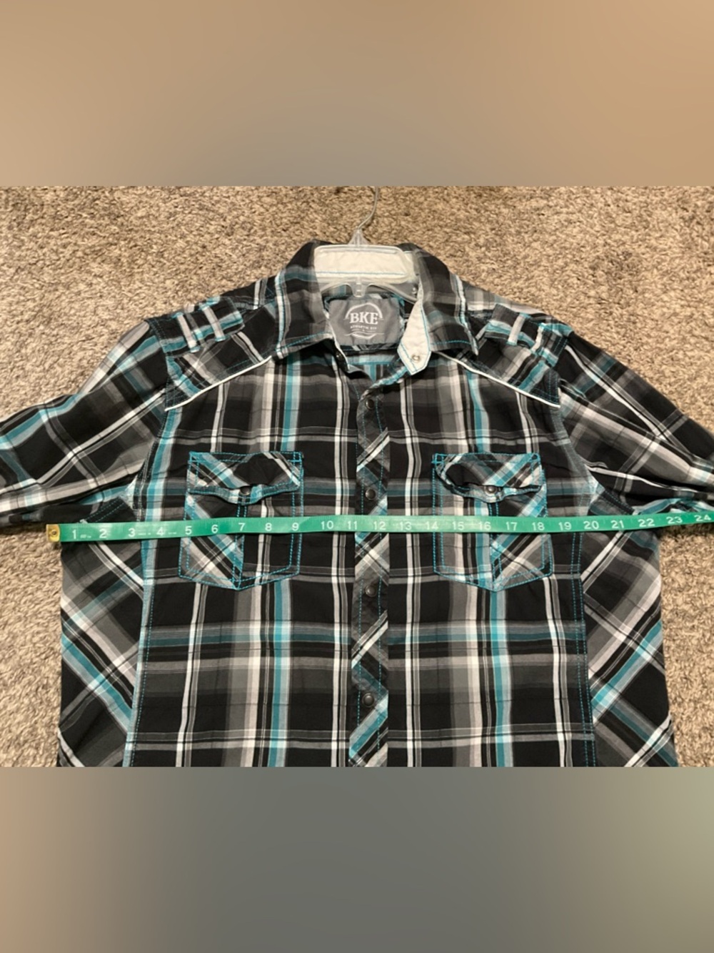 Buckle Black, Teal & White Plaid Athletic Fit Snap Button-Down Shirt Large - Picture 7 of 8